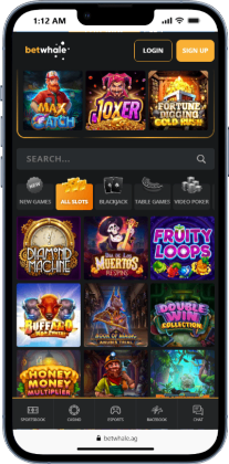 BetWhale casino viewed on mobile showing all real slot games available to play.