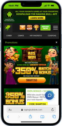 Mobile screen showing the websites for Raging Bull slots featuring various promotions and bonus offers for players.