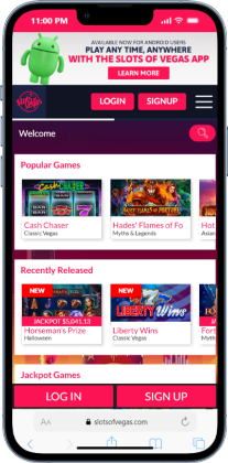 Slots of Vegas casino homescreen on mobile phone, featuring popular games, recently released games and the option to log in or sign up.