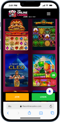 Mobile screen showing TheOnlineCasino featuring different slot games to play straight from mobile.