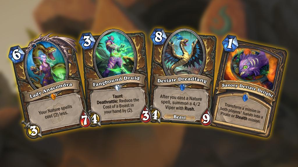 Hearthstone Wailing Caverns Druid cards Fangbound Druid, Deviate Dreadfang, and Rogue’s Savory Deviate Delight