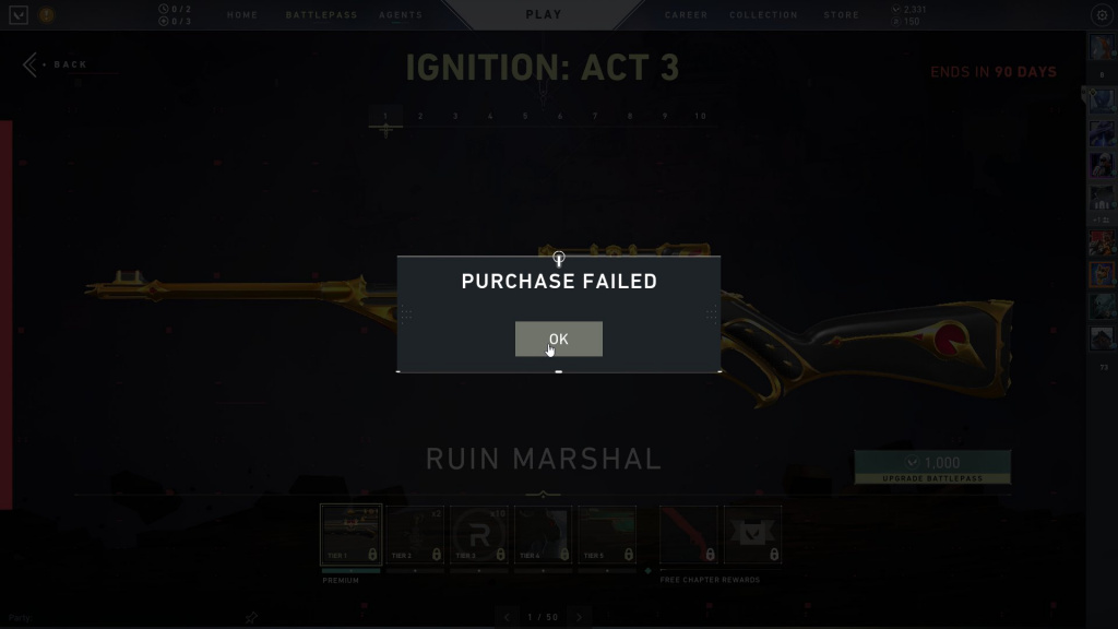 Battlepass Act 3 Purchase failed error in Valorant v1.10? Here’s a possible fix!