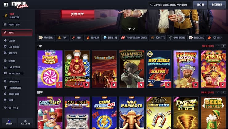 A snapshot of Mafia Casino visited on a desktop device.