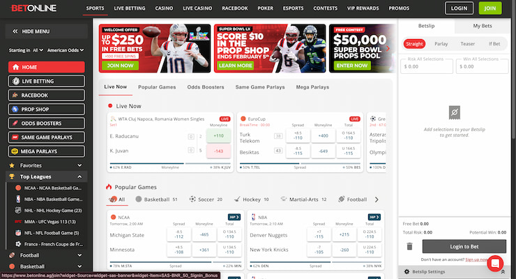 BetOnline sports betting interface showing live wagering options for tennis and basketball alongside various promotional banners.