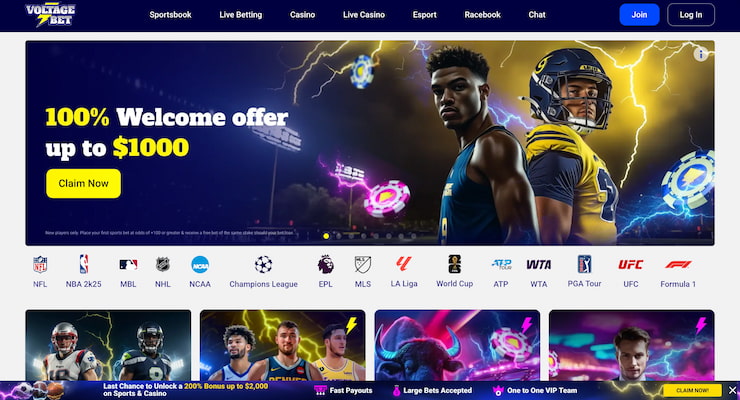 The VoltageBet landing page features a bold "100% Welcome offer up to 00" banner set against a dynamic sports-themed background.