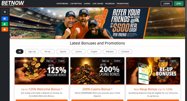 The BetNow promotions page highlights various user incentives, including a "Refer Your Friends" program and welcome bonuses for casino and crypto deposits.