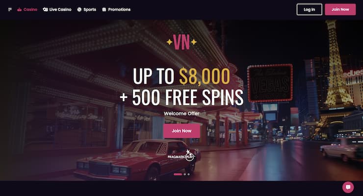 A snapshot of VegasNow and its generous casino welcome bonus.