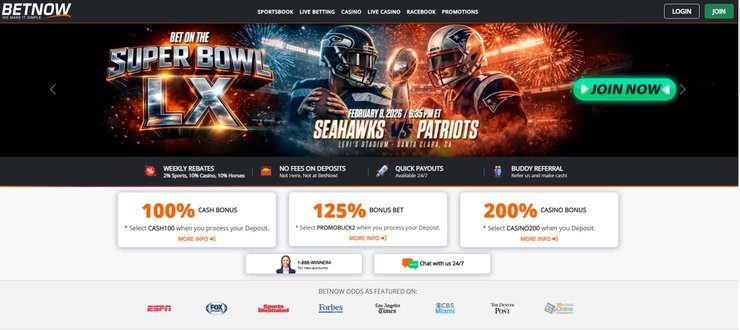 A screenshot of BetNow's sportsbook homepage