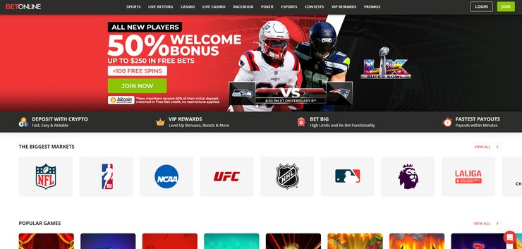 A screenshot of BetOnline's homepage a top Florida betting site