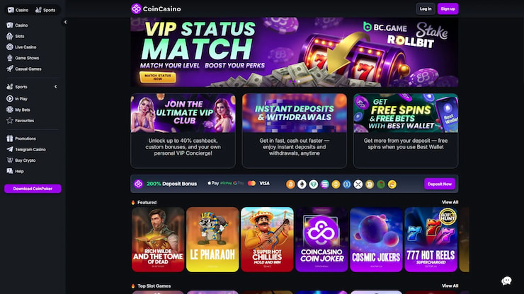 CoinCasino lobby showcasing its game library for the best no KYC crypto casinos in US