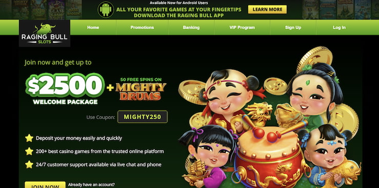 Raging Bull Slots casino homepage promoting a ,500 welcome bonus and free spins with game-themed graphics and signup call to action.