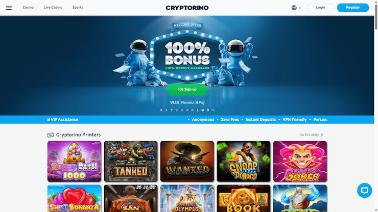 Cryptorino lobby showcasing welcome bonus for the best no KYC crypto platforms