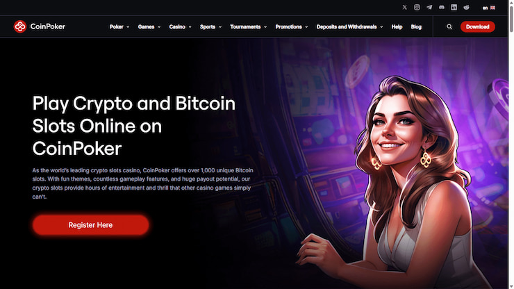 CoinPoker casino app homepage promoting crypto and Bitcoin slot games with registration call-to-action for US players.