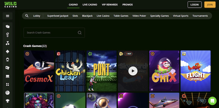 Wild Casino online slots and table games lobby interface