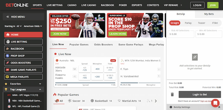 BetOnline betting page with live events, odds boosters, and an active bet slip panel ready for wager placement.