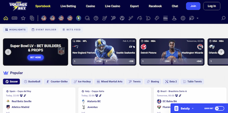 VoltageBet online sportsbook overview with featured games, live markets, and multi-sport navigation menu.