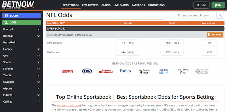 BetNow sports betting page featuring Super Bowl NFL lines including spread, total, and moneyline options.