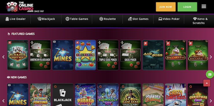 TheOnlineCasino app lobby displaying featured blackjack, baccarat, slots, and live dealer games on a mobile-friendly interface.