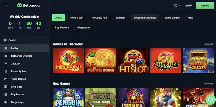 BetPanda Casino lobby, showcasing the best slot games for no KYC crypto casinos