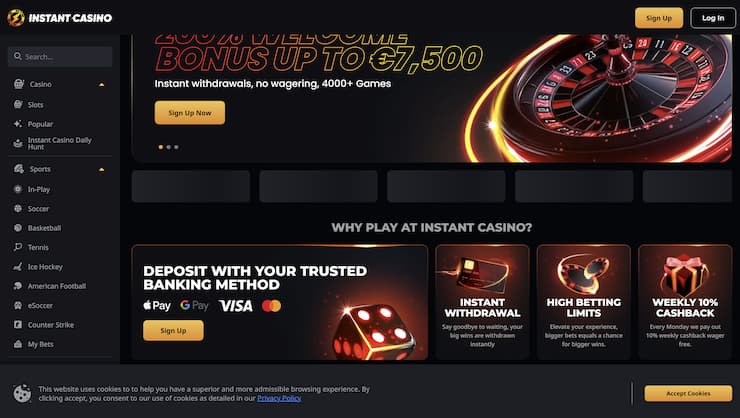 A snapshot of Instant Casino and its homepage on a desktop device.