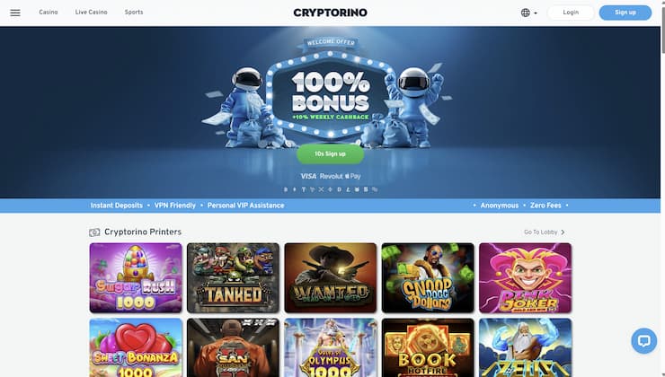 An image showing Cryptorino and its generous welcome bonus for players enjoying crypto slots.