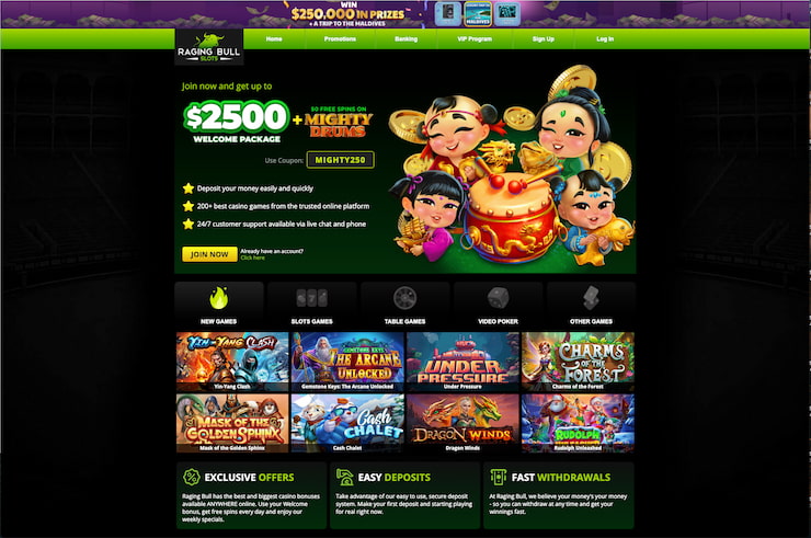 What the Raging Bull casino homepage looks like