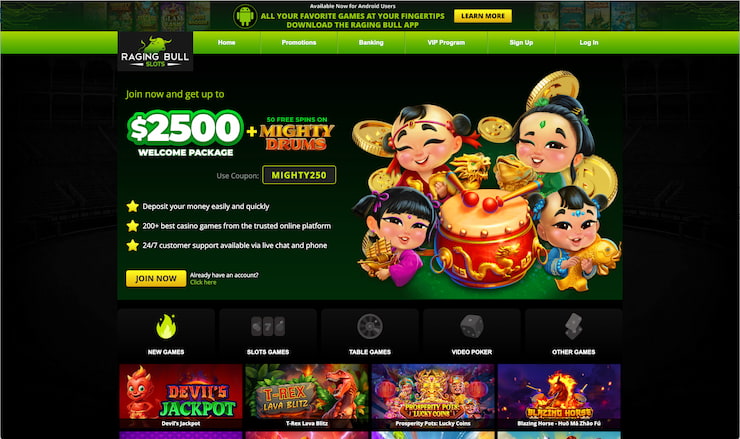 What you see on opening the Raging Bull casino