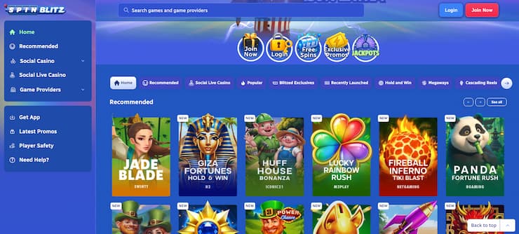 Social casino Spin Blitz game lobby.