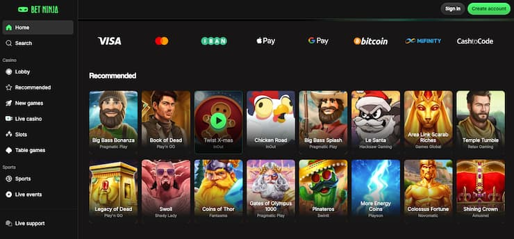 BetNinja crypto gambling site casino lobby featuring popular games on a Bitcoin gambling platform