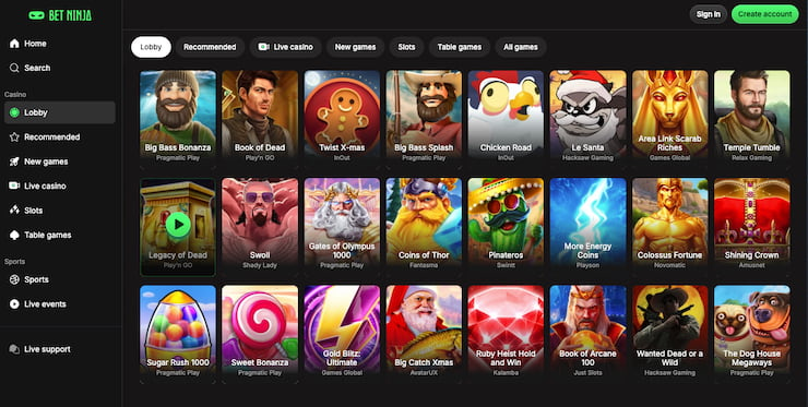 BetNinja casino dashboard showing game selection at a top Aviator casino site