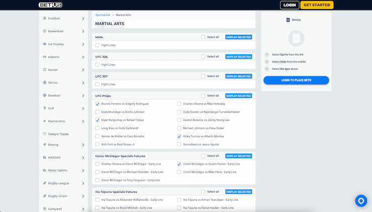 A parlay builder of UFC prop bets on BetUS