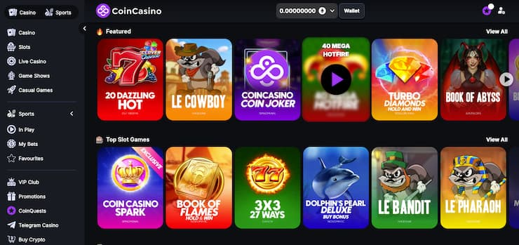 CoinCasino game lobby showing slot titles at one of the best Aviator crypto casinos