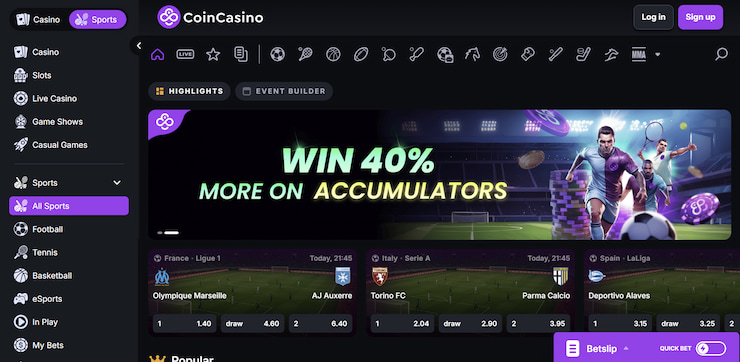 CoinCasino sports betting interface showcasing a "Win 40% More on Accumulators" banner alongside live football odds for Ligue 1, Serie A, and La Liga.