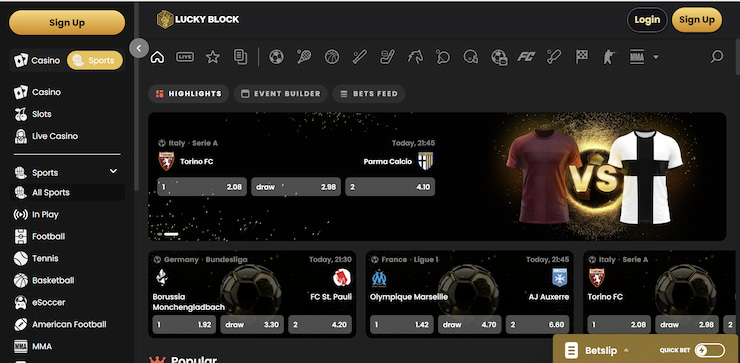 Lucky Block sportsbook highlighting live football match odds for Torino FC vs. Parma Calcio alongside betting markets for the Bundesliga and Ligue 1.