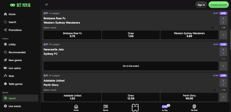 The BetNinja sports betting dashboard shows live match results and betting odds for Australian soccer leagues, including A-League and W-League fixtures.