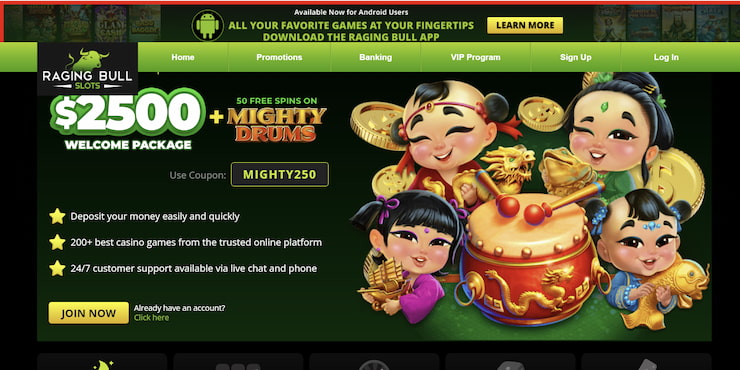 Desktop view of the Raging Bull Slots welcome offer featuring a 00 package plus 50 free spins on Mighty Drums with the coupon code MIGHTY250 visible.