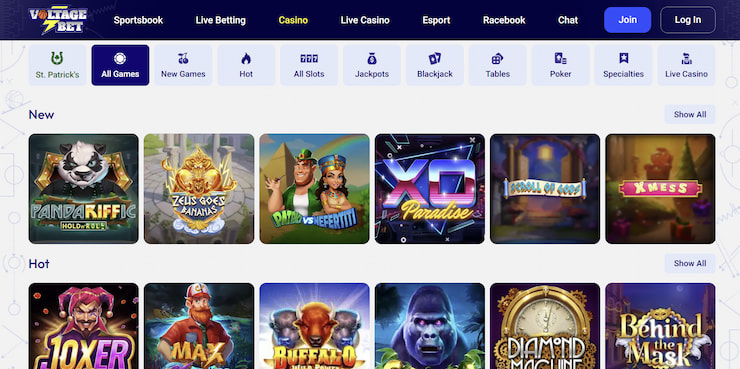 Desktop view of the VoltageBet Casino lobby featuring navigation for Sportsbook, Live Betting, and Casino, with game categories for Slots, Jackpots, and Blackjack.