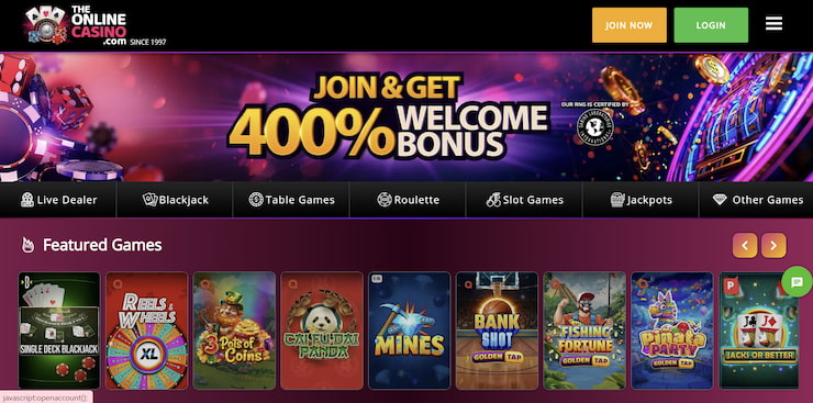 The homepage of TheOnlineCasino.com showing a 400% welcome bonus banner and a 'Featured Games' slider with titles like Reels & Wheels XL, Mines, and Bank Shot.