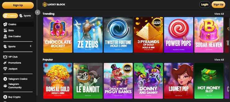 LuckyBlock casino interface displaying game library on an Aviator online casino platform