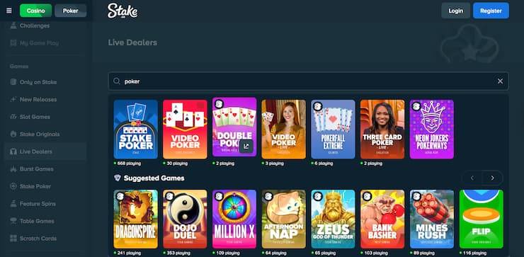 Stake poker games interface showing online poker tables at a top offshore poker site