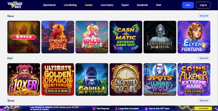 VoltageBet casino lobby featuring slot games at debit card online casinos