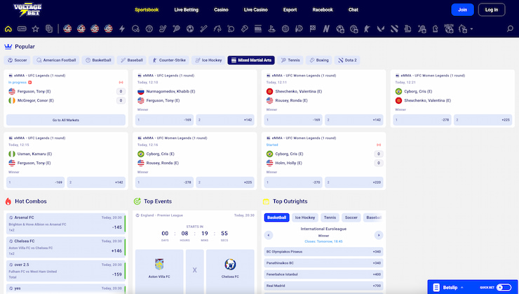 A screenshot of the e-UFC selection on VoltageBet