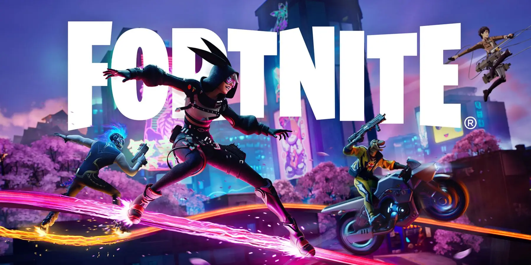 Fortnite characters in action with vibrant colors and dynamic poses.