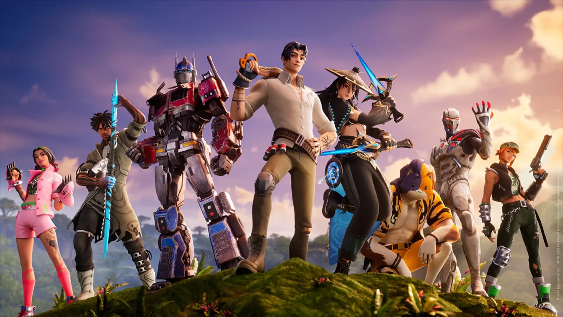 A diverse group of Fortnite characters in action poses against a vibrant background.