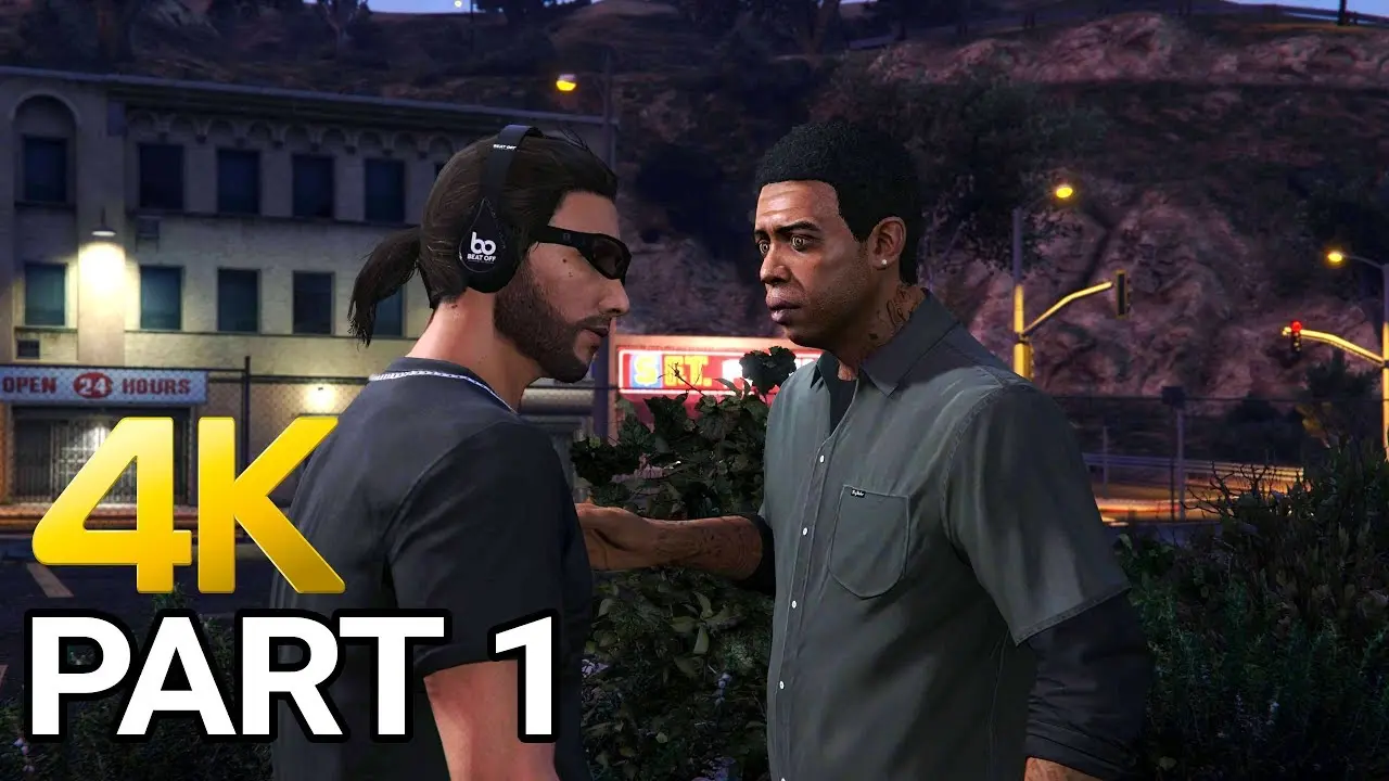 Two characters interact in a vibrant, urban setting from a GTA video game.