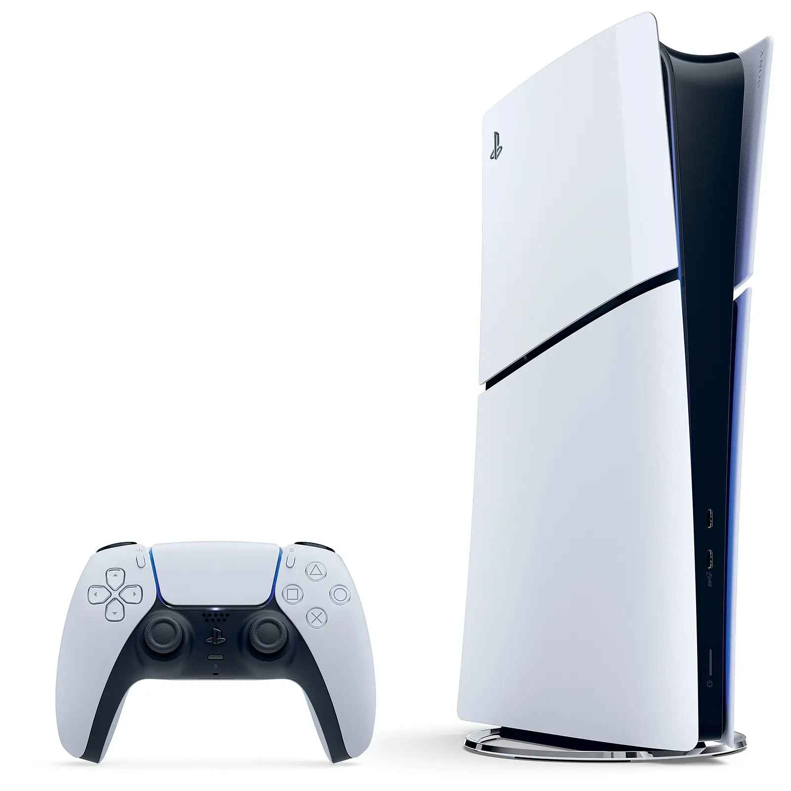 PlayStation 5 console and DualSense controller on a white background.