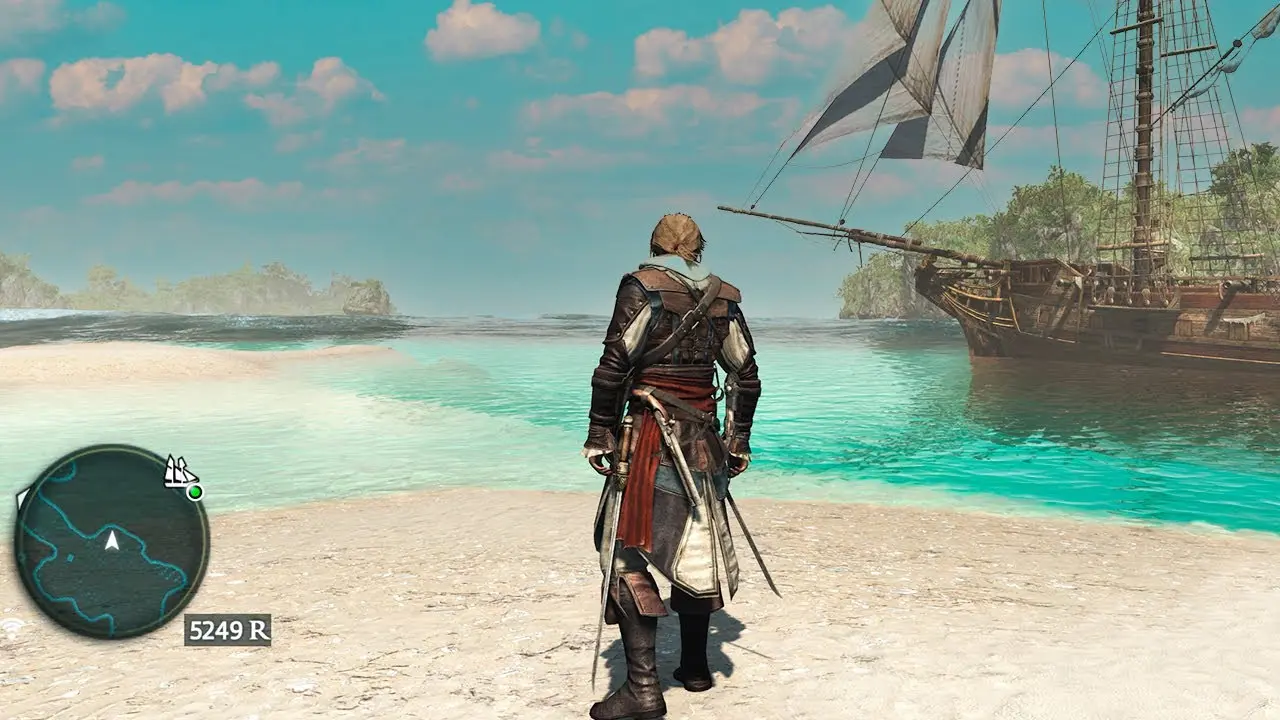 Third-person gameplay view of Edward Kenway standing on a tropical beach facing a docked pirate ship
