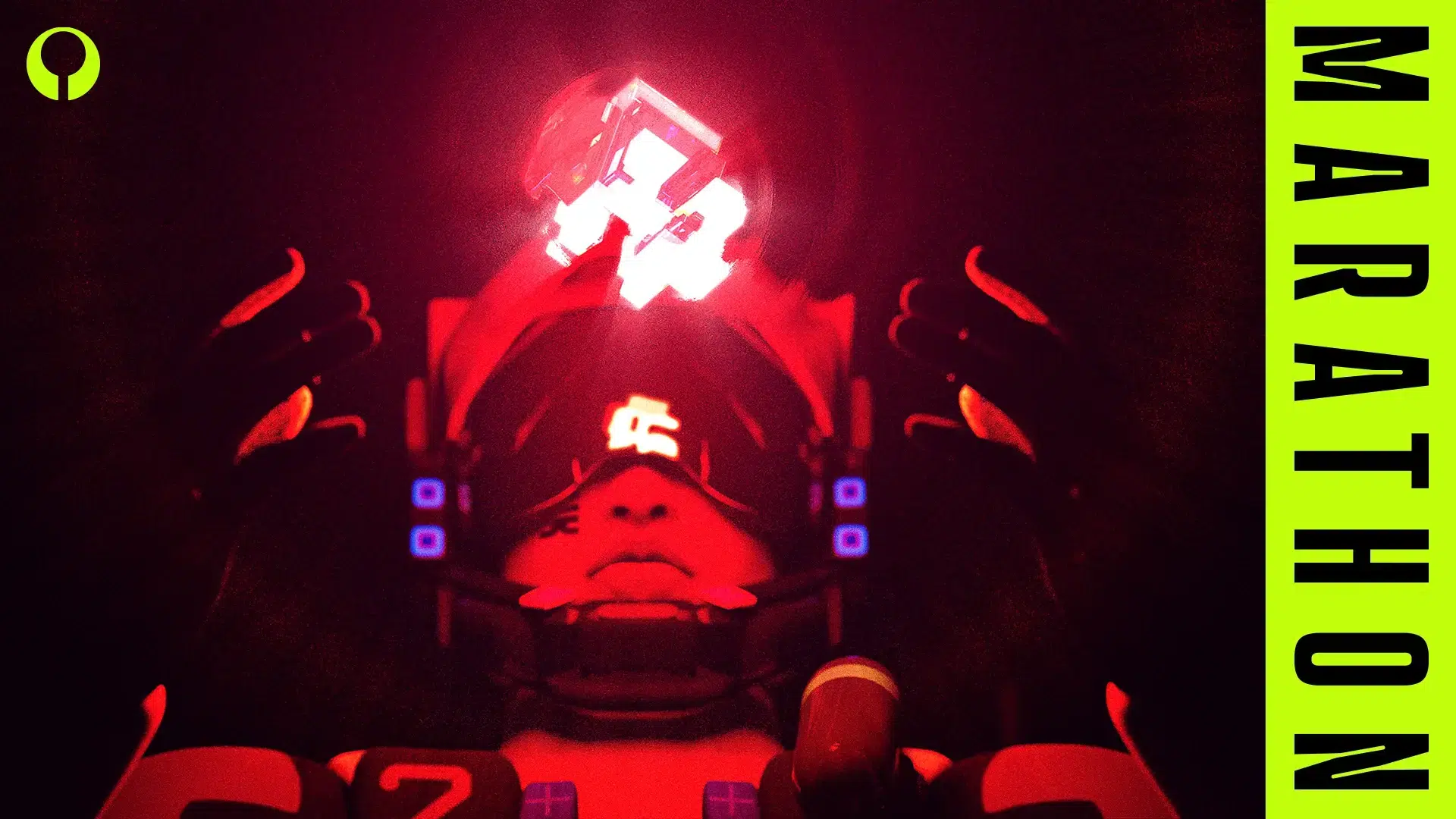 Futuristic key art featuring a character in a helmet with glowing elements.