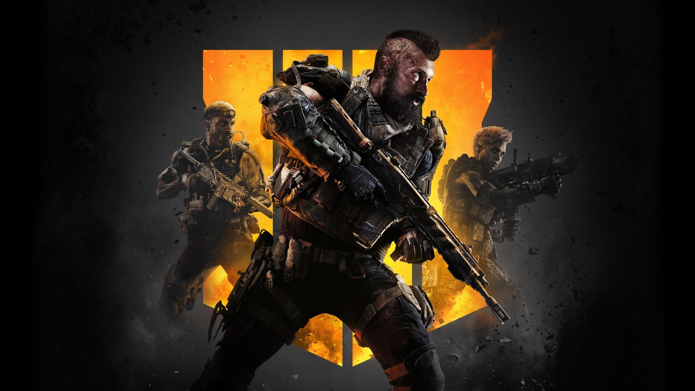 Artwork featuring characters from Call of Duty Black Ops 4 with weapons.