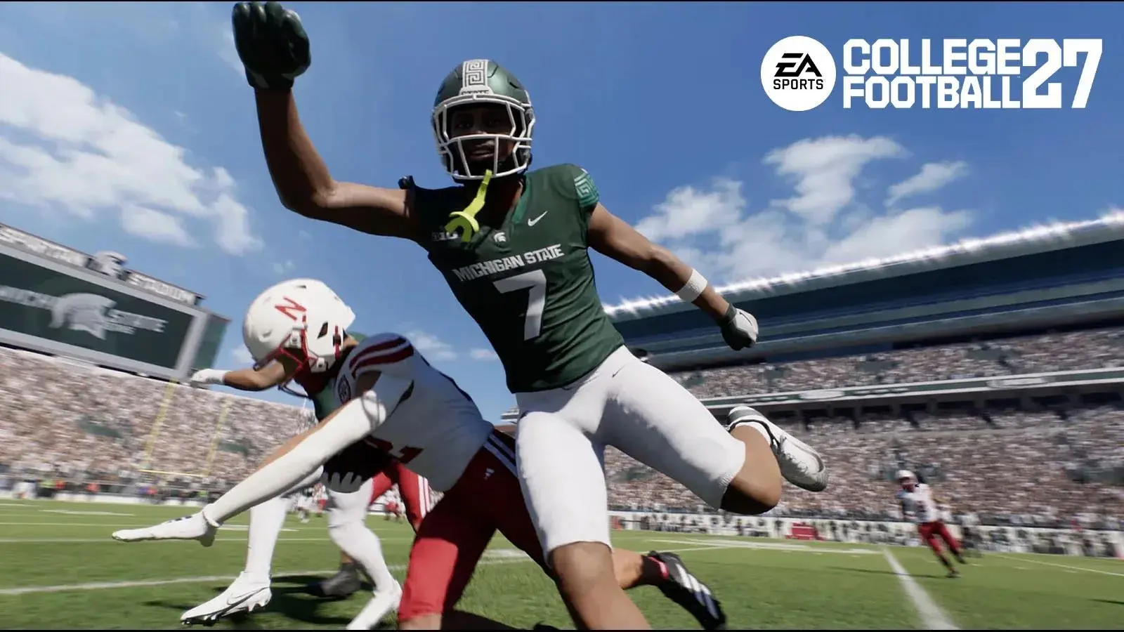 EA Sports College Football 27 gameplay featuring a Michigan State player in action.